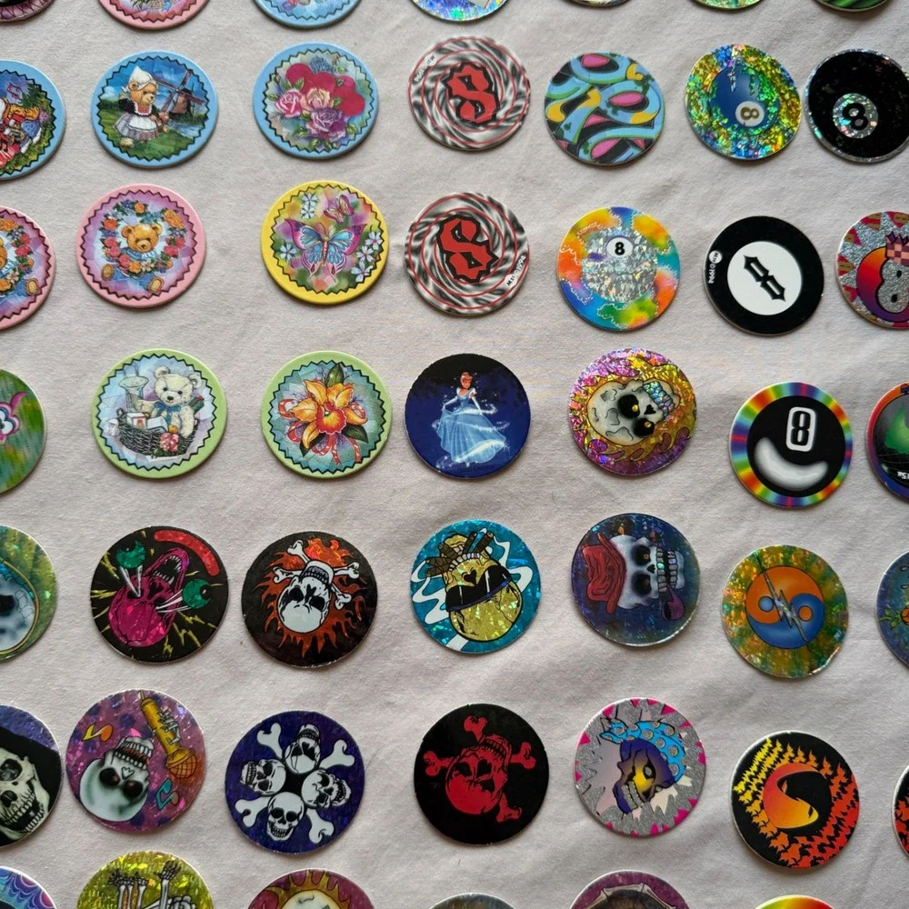 Vintage 90s Pogs Lot 170 Nostalgia 2 Slammers Storage Tube Skulls Holo YinYang